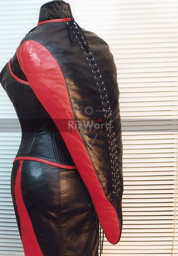 dummy wearing a leather corset dress with arm binder-leather corset