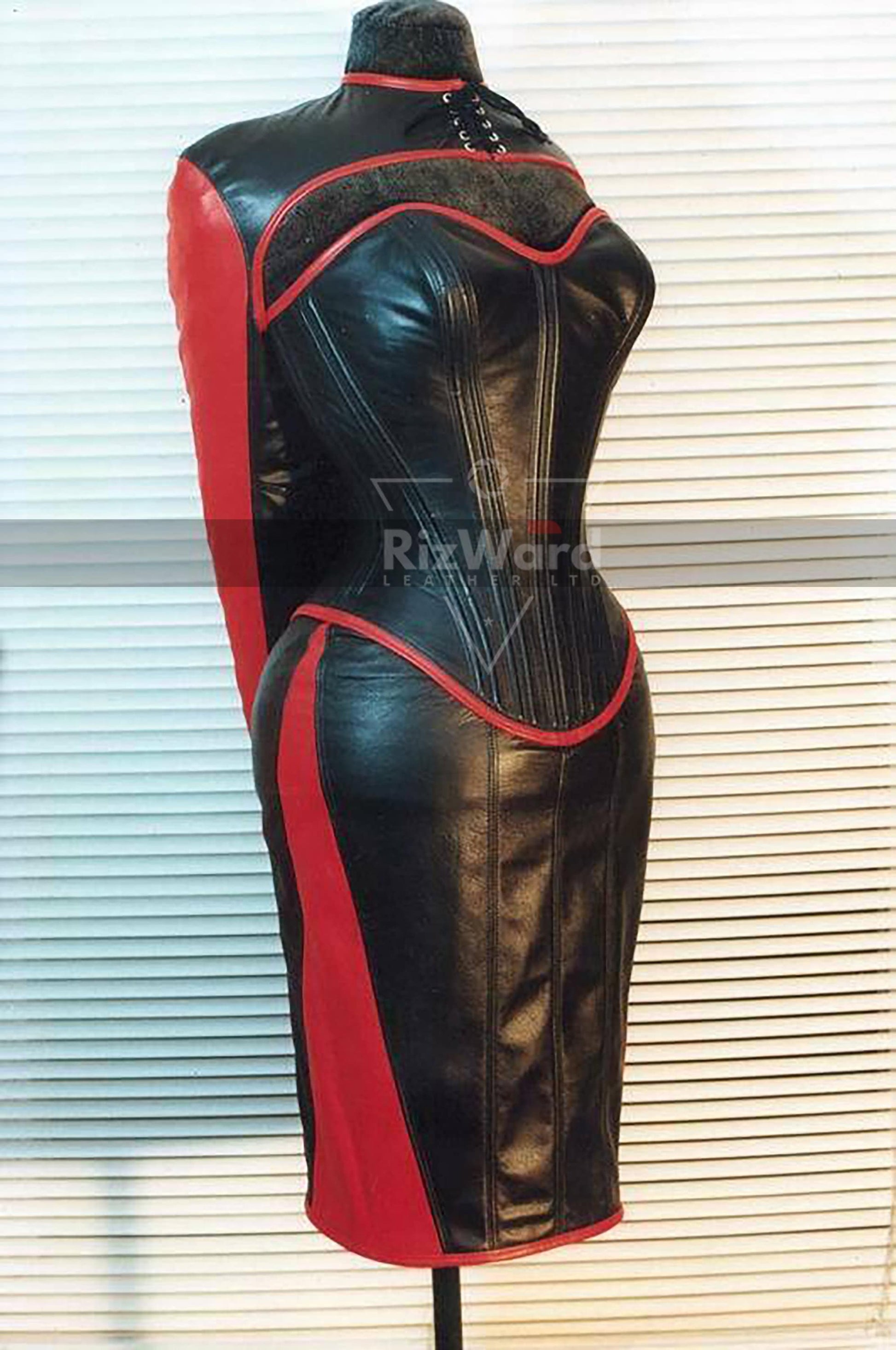 Premium Black & Red leather Corset Dress BDSM Arm Rizwards Leather