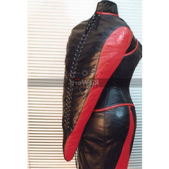 back view of dummy wearing a leather corset dress -leather corset
