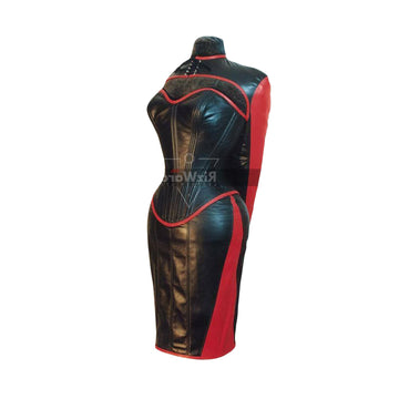 dummy wearing a leather corset dress with arm binder-leather corset