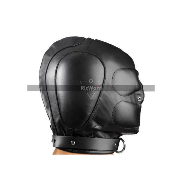 side view of person head wearing a Total Lockdown Leather Padded Bondage Mask 